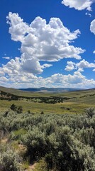 A wide, open landscape with rolling hills and a bright blue sky dotted with puffy clouds.