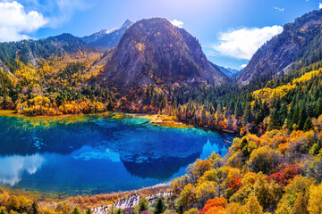 Aerial shots of Jiuzhaigou in autumn, Sichuan in China.