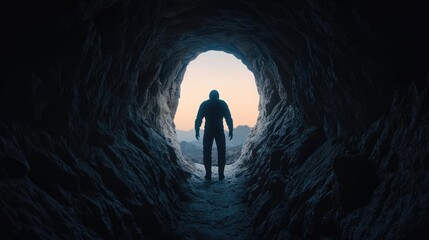 Fototapeta premium Silhouette of a person standing at the end of a tunnel, contrasting light and shadow.