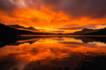 Breathtaking fiery sunset over still lake surrounded by mountains.