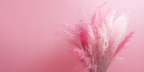 Fototapeta premium Pampas grass in pink and white hues arranged against a subtle, soothing pink background, suggesting elegance and grace.