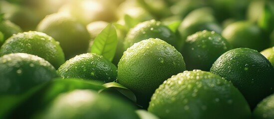 Close-up of fresh green limes with water droplets, surrounded by leaves, bathed in warm sunlight.