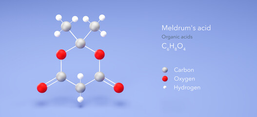 meldrum's acid molecule, molecular structure, isopropylidene malonate, 3d model, Structural Chemical Formula and Atoms with Color Coding