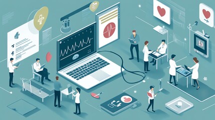 Illustration of a comprehensive health screening process to assess potential risks, with medical staff using advanced diagnostic tools in a high-tech clinical environment