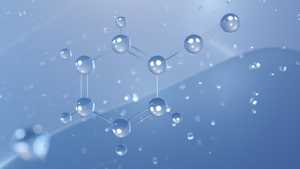 benzonitrile molecular structure, 3d model molecule, aromatic organic compound, structural chemical formula view from a microscope