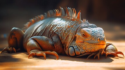 Fototapeta premium A large green iguana with a spiky crest and scales lies on sand.