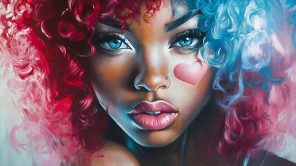 Naklejka premium A beautiful Black woman with long, curly, wavy hair. The artwork is vibrant, colorful, and flawless, showcasing her radiant complexion and expressive features.