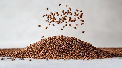 A mound of brown seeds with some floating above, showcasing texture and detail.