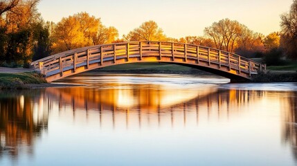 Reflective bridge over a river at sunrise, backlit golden light amplifying reflections, serene and picturesque
