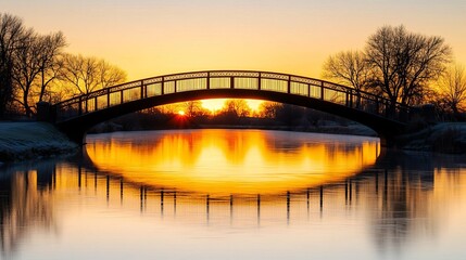 Reflective bridge over a river at sunrise, backlit golden light amplifying reflections, serene and picturesque