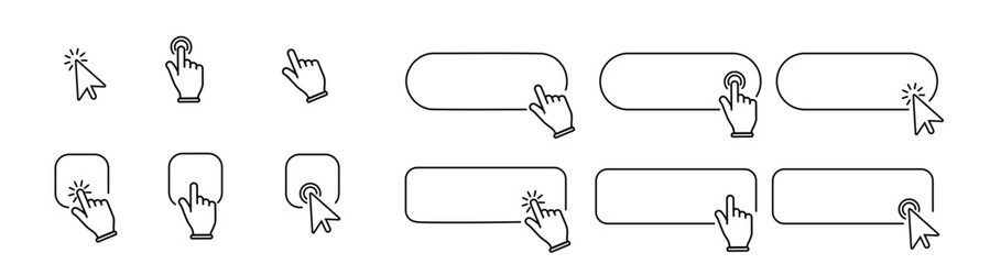 A set of click cursor buttons with hand pointer icons in various clicking positions, including a Click Here web button sign. Vector illustration.