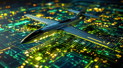 An advanced aircraft rests above a glowing digital circuit board, showcasing technology and innovation in design