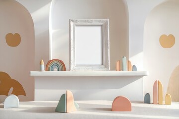 Cheerful space with white-framed picture and colorful toy on minimalist white mantel