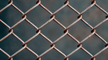 Fototapeta premium A close-up of textured metal mesh in a chain-link fence with a blurred backdrop highlighting its intricate pattern and details