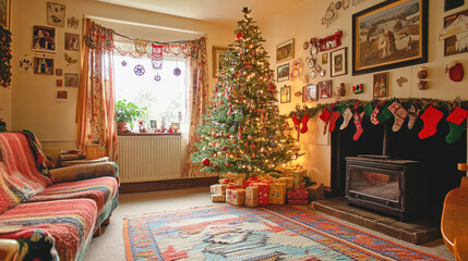 Nostalgic 1980s Christmas living room featuring a large tree adorned with handmade ornaments