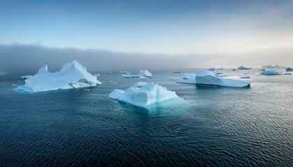 icebergs floating in a misty arctic sea