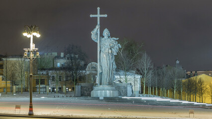 Fototapeta premium Monument to Prince Vladimir the Great timelapse hyperlapse on Borovitskaya Square in Moscow near the Kremlin.