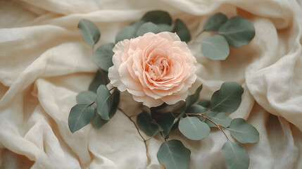 Obraz premium An Exquisite Boho Flatlay Scene Featuring Dusty Pink Blooms and Eucalyptus Accents for a Serene Atmosphere