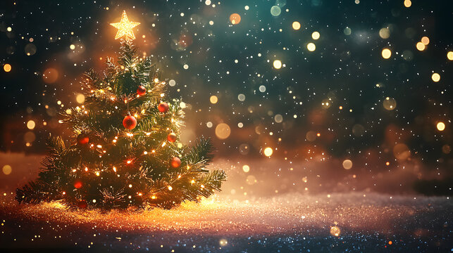 un fondo iluminado con destellos de luces brillantes con un arbol de navidad decorado alegre y con luces para tarjeta navide&ntilde;a o dise&ntilde;o con espacio de copia