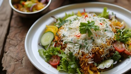 Biryani served with sauces and salad 