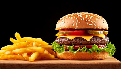 Close up hamburger and french fries, served on a table in a restaurant. Food marketing, dining ads, or menu visuals	