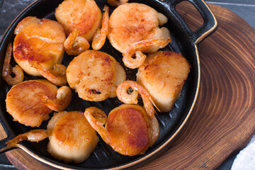 fried scallops on a plate, seafood. Serving dishes in the restaurant