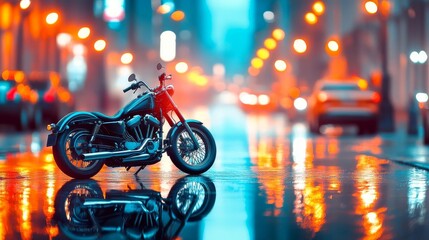 Vintage motorcycle on reflective wet street, backlit by city lights, cinematic and moody vibe