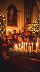 A group of people singing in a church, with candles lit on the altar.