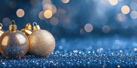 Golden glitter and soft bokeh create an elegant Christmas atmosphere on navy blue background