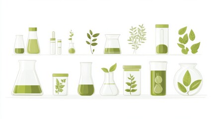 Illustration of organic chemicals in glass containers, clean white background, green labels for sustainability