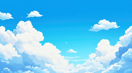 Bright blue sky with fluffy white cumulus clouds on a serene, sunny day