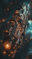A massive spaceship with glowing lights against a starry background.