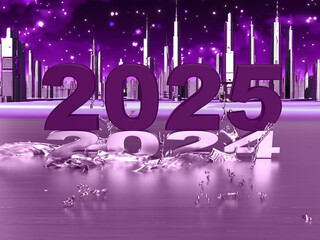 Purple, metal 2025 standing on the number 2024 in the background with the city in the stars. Idea for a holiday post. 3d rendering