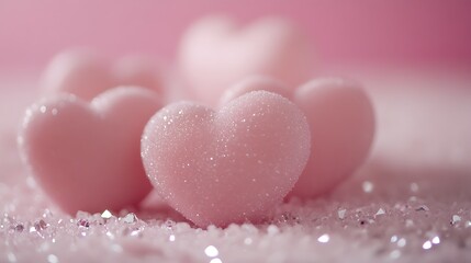 Obraz premium A close-up of pink heart-shaped candies sprinkled with sugar on a soft background, evoking sweetness and love.