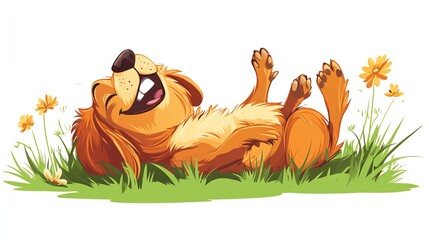 a 2D cartoon illustration of a dog rolling in the grass, carefree and happy, white background--ar 16:9