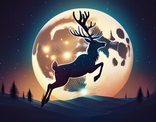 Naklejka premium a reindeer leaps through the air in front of a large full moon