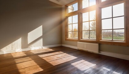 Fototapeta premium sunlight streams through a large window in a corner of a room casting light onto the floor