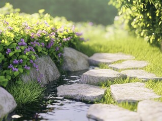 Tranquil nook, soothing brook and flourishing plants, peaceful meadow, animated illustration