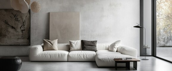 Minimalist Living Room with White Sectional Sofa and Concrete Walls