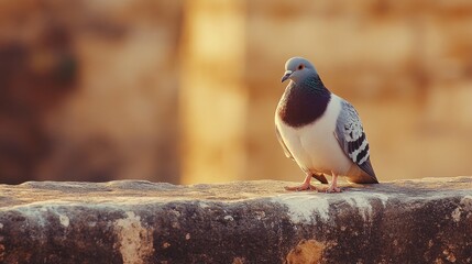 Naklejka premium A single pigeon perched on a stone ledge, with a warm, golden background.