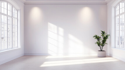 Sunlit minimalist interior with large windows and a potted plant