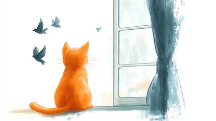 a 2D cartoon illustration of a cat sitting by a window, watching the birds, curious and relaxed, white background--ar 16:9