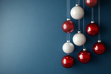 Christmas banner template featuring 3d hanging ornaments on a blue background with space for text