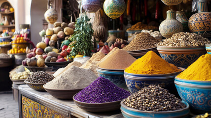 Vibrant spice market with colorful displays of exotic spices in traditional bazaar
