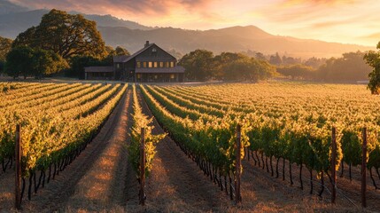Fototapeta premium A beautiful vineyard landscape at sunset, showcasing rows of grapevines and a rustic winery in the background, inviting exploration.