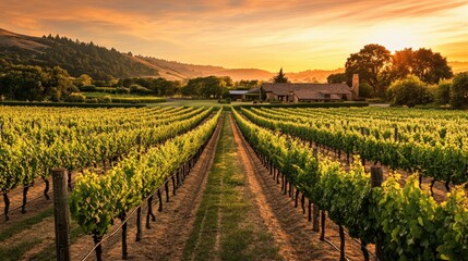Obraz premium A beautiful vineyard landscape at sunset, showcasing rows of grapevines and a rustic winery in the background, inviting exploration.