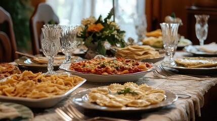 Fototapeta premium A beautifully arranged table featuring a variety of pasta dishes, including ravioli, lasagna, and linguine, inviting a delightful feast.