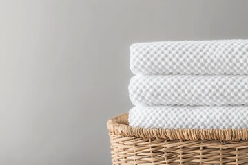 Fototapeta premium Three neatly folded white waffle-textured towels placed in a woven basket, creating a clean and minimalist look.