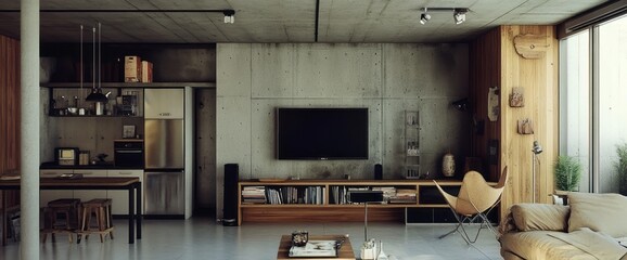 Modern Living Room with Exposed Concrete Walls and Wooden Accents