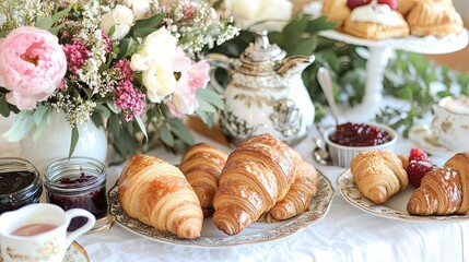 A beautifully styled breakfast table featuring croissants, jams, and fresh flowers, inviting a delightful morning experience.